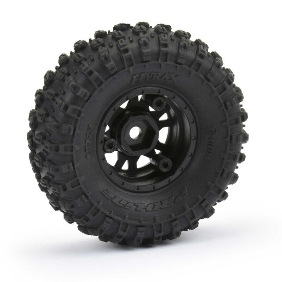 Hyrax 1.0 Tires Mounted on Mini Impulse Black Internal Bead-Loc 7mm Hex Wheels (4) for SCX24 Front or Rear