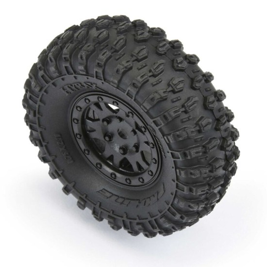 Hyrax 1.0 Tires Mounted on Mini Impulse Black Internal Bead-Loc 7mm Hex Wheels (4) for SCX24 Front or Rear