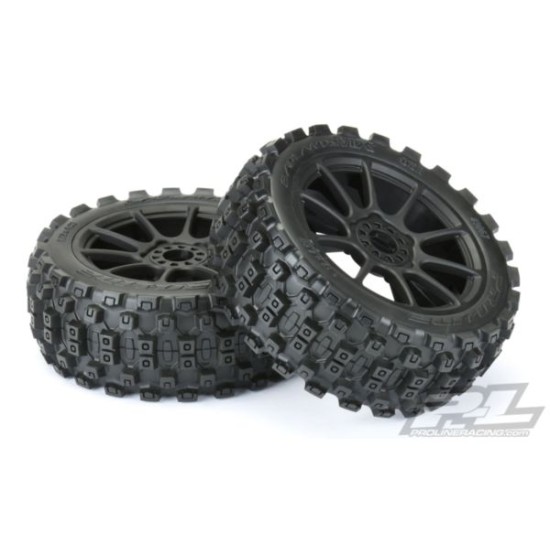 Badlands MX M2 (Medium) All Terrain 1:8 Buggy Tires Mounted on Mach 10 Black Wheels (2) for Front or Rear