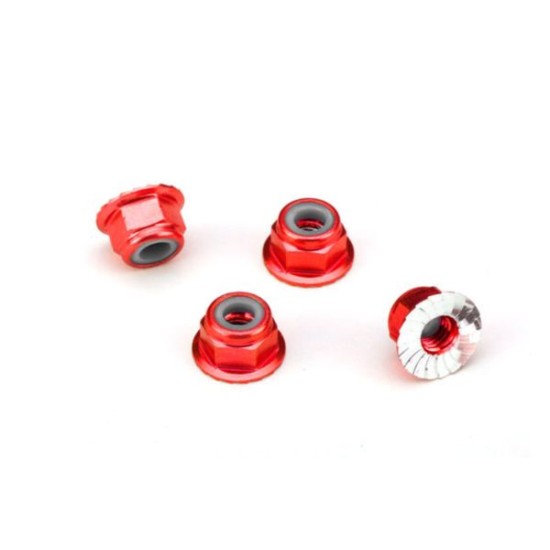 Nuts, aluminum, flanged, serrated (4mm) (red-anodized) (4)