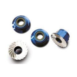 Nuts, aluminum, flanged, serrated (4mm) (blue-anodized) (4)