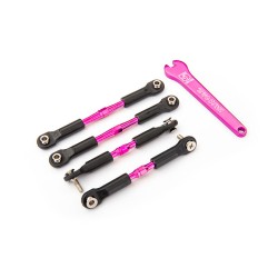 Turnbuckles, aluminum (pink-anodized), camber links, front, 39mm (2), rear, 49mm (2) (assembled w/rod ends & hollow balls)/ wrench