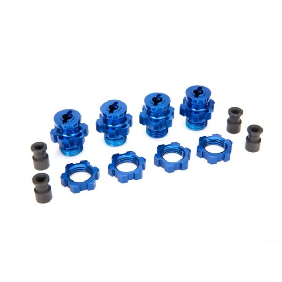 Wiel meenemers, 17mm, kort (blauw-geanodiseerd) (4)/ wielmoeren, 17mm (blauw-geanodiseerd) (4)/ naaf retainer M4 X 0,7 (4)/ aspin (4) (Slash 4WD)