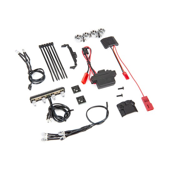 LED light kit, 1/16th Summit (power supply, chrome lightbar, roof light harness (4 clear, 2 red), chassis harness (4 clear, 2 red), wire ties, mounts)