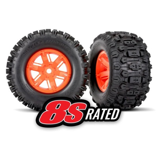 Tires & wheels, assembled, glued (X-Maxx orange wheels, Sledgehammer tires, foam inserts) (left & right) (2)