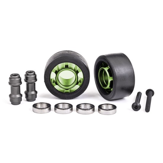 Wheels, wheelie bar, 6061-T6 aluminum (green-anodized) (2)/ axle, wheelie bar, 6061-T6 aluminum (2)/ 10x15x4 ball bearings (4)