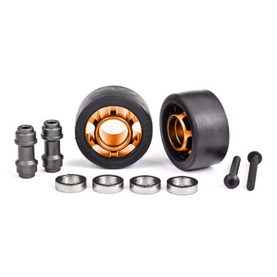 Wheels, wheelie bar, 6061-T6 aluminum (orange-anodized) (2)/ axle, wheelie bar, 6061-T6 aluminum (2)/ 10x15x4 ball bearings (4)