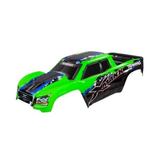 Body, X-Maxx, Green (Painted, Decals Applied) (Assembled With Front & Rear Body Mounts, Rear Body Support, And Tailgate Protector)