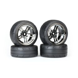 Traxxas tires and wheels assembled glued split-spoke black chrome wheels 1.9 response tires foam inserts front 2pcs rear extra wide 2pcs VXL rated