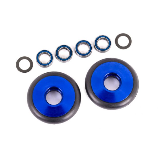 Wheels, wheelie bar, 6061-T6 aluminum (blue-anodized) (2)/ 5x8x2.5mm ball bearings (4)/ o-rings (2)/ 5x8x0.3mm TW (2)