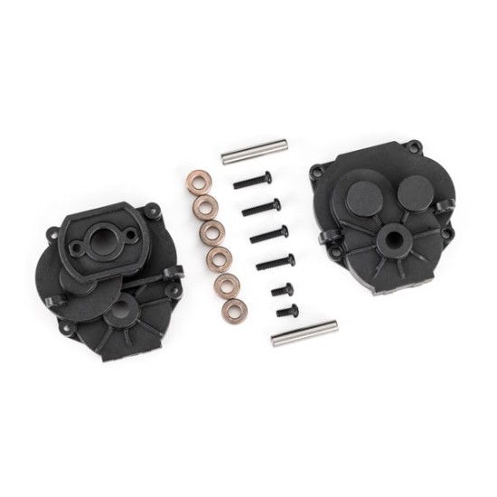 Gearbox housing (front & rear)/ 2x4mm BCS (with threadlock) (2)/ 2x8mm BCS (4)/ 3x16mm pins (2)