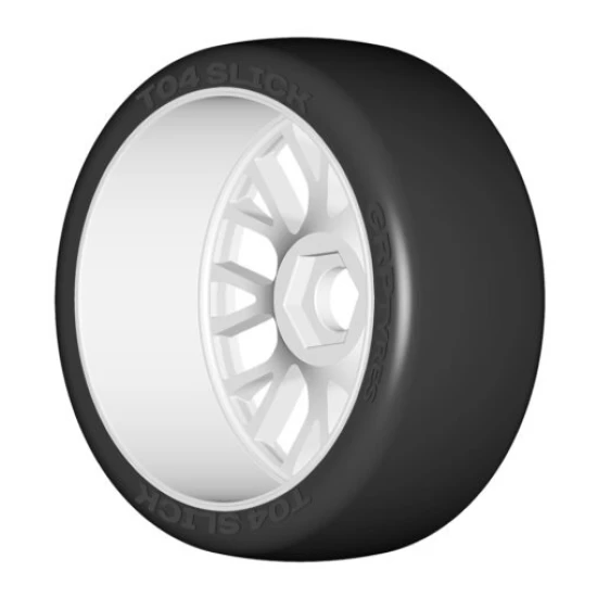 1:8 GT T04 SLICK XM7 Medium hard– Gemonteerd op nieuwe 20-spaaks stijve witte velg – 1 Paar