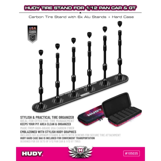HUDY CARBON TIRE STAND 6x + HARD CASE - 1/12 PAN CAR & 1/12 GT