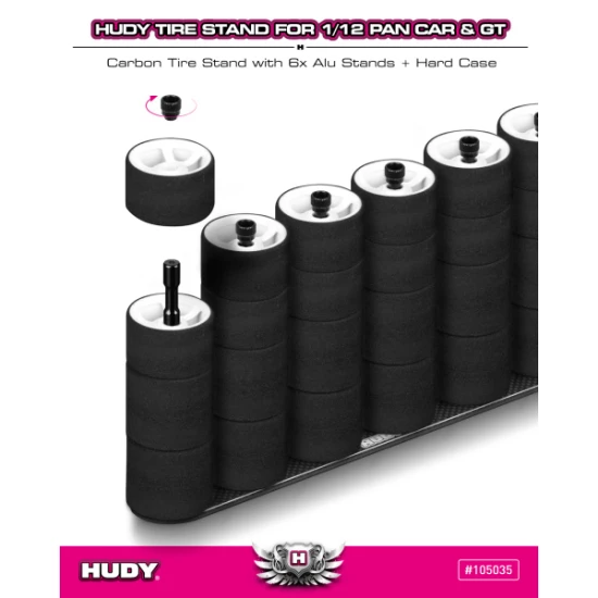 HUDY CARBON TIRE STAND 6x + HARD CASE - 1/12 PAN CAR & 1/12 GT