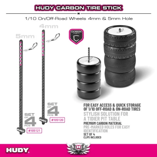 HUDY CARBON TIRE STICK 1/10 ON-ROAD & OFF-ROAD WHEELS WITH 5MM MOUNTING HOLE (4)