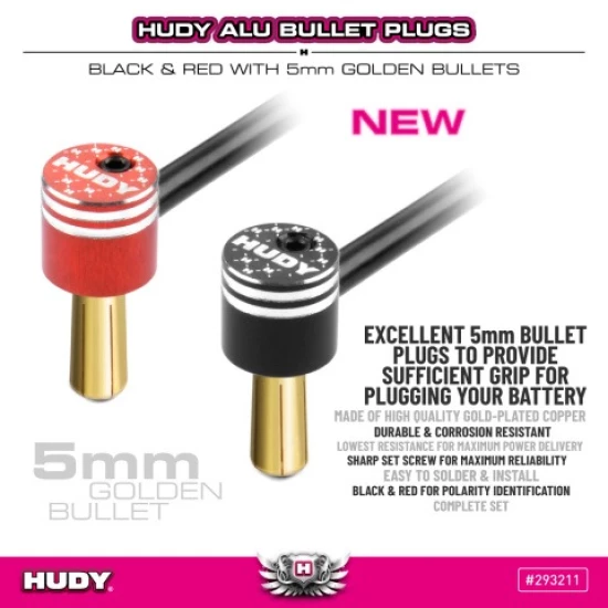 HUDY ALU BULLET PLUG BLACK & RED WITH 5MM GOLDEN BULLETS - SET