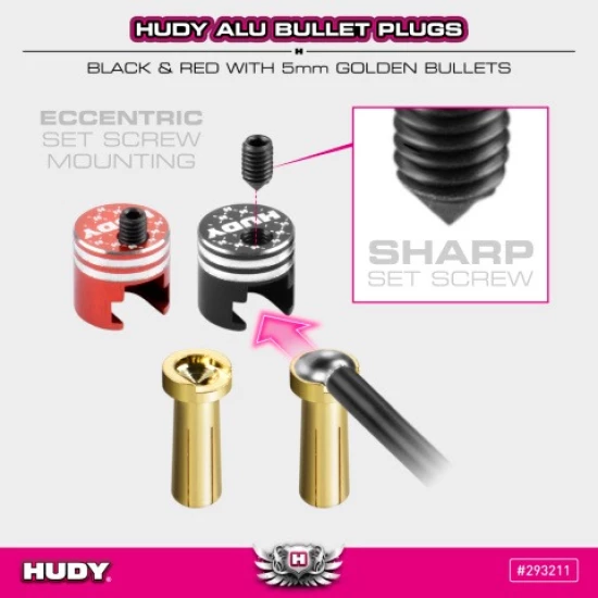HUDY ALU BULLET PLUG BLACK & RED WITH 5MM GOLDEN BULLETS - SET