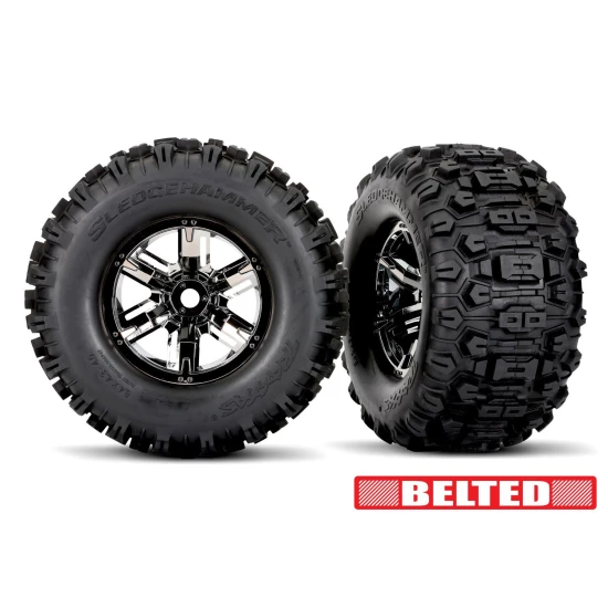 Tires & wheels, assembled, glued (X-Maxx black chrome wheels, Sledgehammer belted tires, dual profile (4.3' outer, 5.7' inner), foam inserts) (left & right)