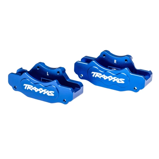 Brake calipers, front (left & right) (blue-anodized 6061-T6 aluminum)/ 3x10mm CS (with threadlock) (4)/ 2.5x8mm BCS (with threadlock) (4)