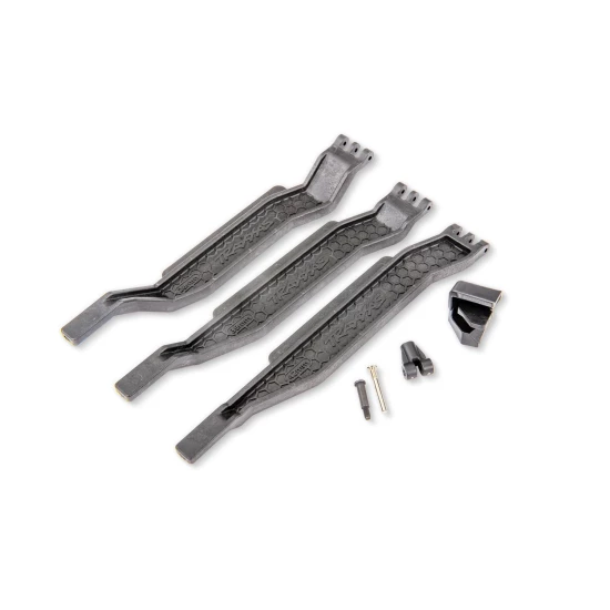Battery hold-down (3)/ battery clip/ hold-down post (slate gray)/ screw pin/ pivot post screw (fits #6723 chassis with 162mm long battery compartment)