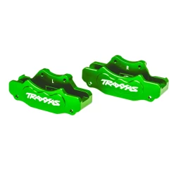 Brake calipers, front (left & right) (green-anodized 6061-T6 aluminum)/ 3x10mm CS (with threadlock) (4)/ 2.5x8mm BCS (with threadlock) (4)
