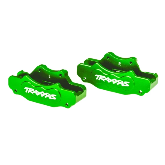 Brake calipers, front (left & right) (green-anodized 6061-T6 aluminum)/ 3x10mm CS (with threadlock) (4)/ 2.5x8mm BCS (with threadlock) (4)