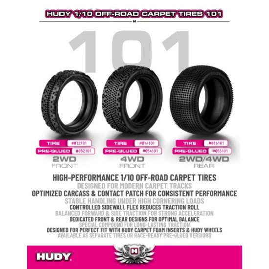 HUDY 1/10 OFF-ROAD PRE-GLUED TIRE 2WD/4WD REAR CARPET - 101 (2)