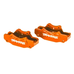Brake calipers, front (left & right) (orange-anodized 6061-T6 aluminum)/ 3x10mm CS (with threadlock) (4)/ 2.5x8mm BCS (with threadlock) (4)