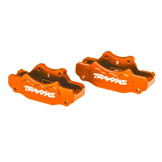 Brake calipers, front (left & right) (orange-anodized 6061-T6 aluminum)/ 3x10mm CS (with threadlock) (4)/ 2.5x8mm BCS (with threadlock) (4)