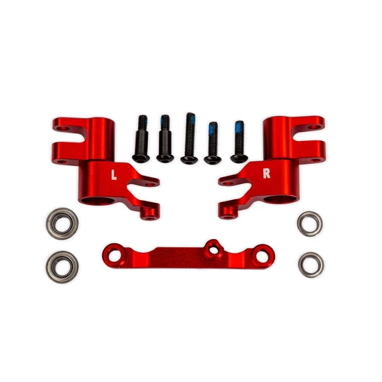 Steering bellcranks, draglink (red-anodized 6061-T6 aluminum)/ 3x13mm SS (with threadlock) (2)/ 3x12mm BCS (with threadlock) (2)/ 5x8x2.5mm ball bearings (2)/ 5x10x4mm ball bearings (2)