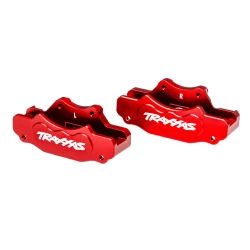 Brake calipers, front (left & right) (red-anodized 6061-T6 aluminum)/ 3x10mm CS (with threadlock) (4)/ 2.5x8mm BCS (with threadlock) (4)