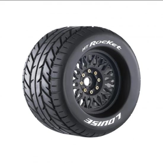 Louise RC MT-ROCKET 1:8 Monster Truck Banden Set Op Velg Sport Zwart Verwijderbare Offset 0 en 1/2 HEX 17mm (2 stuks)