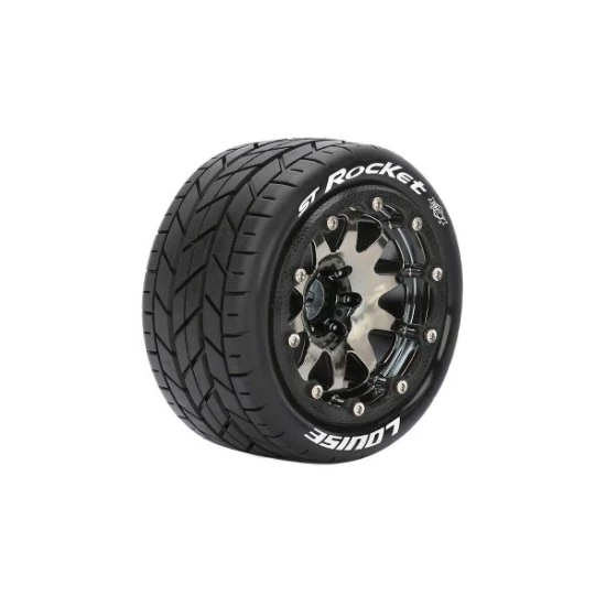 Louise RC MFT ST-ROCKET 1-10 Monster Truck Tire Set Mounted Black Chrome 2.8 Bead-Lock Wheels  0-Offset Hex 12mm 2 pcs