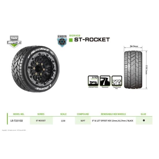 Louise RC MFT ST-ROCKET 1-10 Stadium Truck Tire Set Mounted Sport Black Wheels Removable HEX 12 Narrow, 12 Wide, 14, 17mm 2pcs