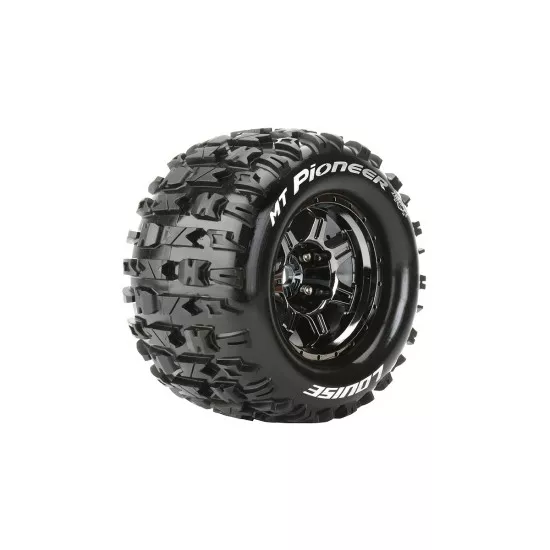 Louise RC MFT MT-PIONEER 1-8 Monster Truck Bandenset Gemonteerd Sport 3.8 Bead Style Velgen Zwart-Chrome 1/2-Offset Zeskant 17mm 2 stuks