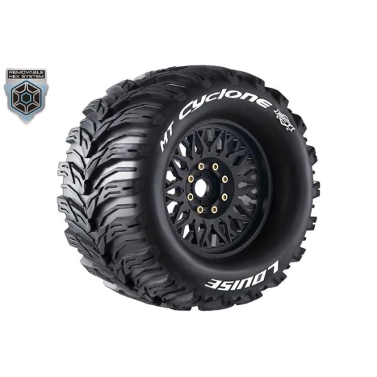 Louise RC MFT MT-CYCLONE 1:8 Monster Truck Banden Set Zwart Gemonteerd – Verwisselbare 0 en 1/2 Offset 17mm Zeskant 2 stuks