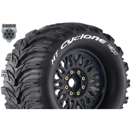 Louise RC MFT MT-CYCLONE 1:8 Monster Truck Banden Set Zwart Gemonteerd – Verwisselbare 0 en 1/2 Offset 17mm Zeskant 2 stuks