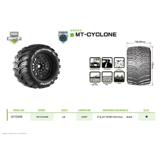 Louise RC MFT MT-CYCLONE 1:8 Monster Truck Banden Set Zwart Gemonteerd – Verwisselbare 0 en 1/2 Offset 17mm Zeskant 2 stuks