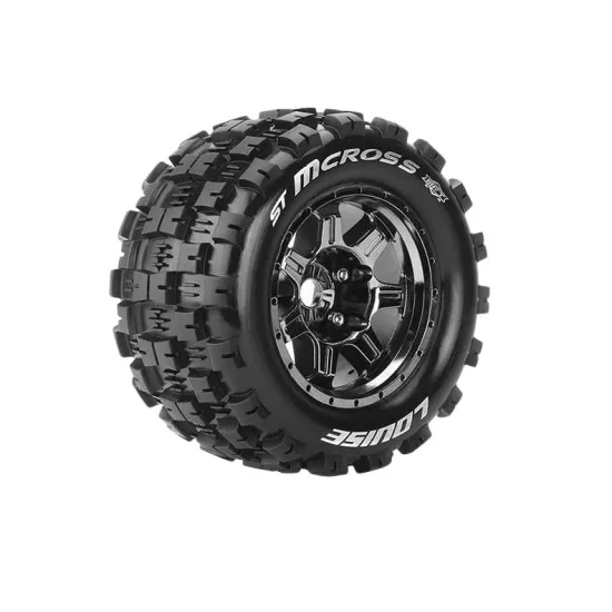 Louise RC MFT ST-MCROSS 1-8 Stadium Truck Bandenset Gemonteerd Sport 3.8 Bead Style Velgen Zwart-Chrome 1/2-Offset Zeskant 17mm 2stuks