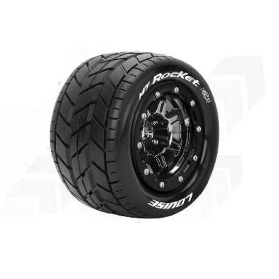 Louise RC MFT MT-ROCKET Maxx Bandenset Gemonteerd Sport 3.8 Bead-Lock Velgen Zwart-Chrome 1/2-Offset  Zeskant 17mm