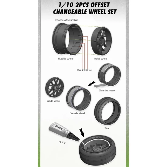 Tires & Wheels Drift / 14-Spoke Black (2,4,6,8mm Offset) 12mm Hex (4)