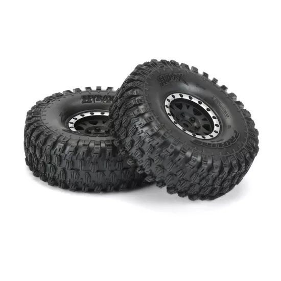 Hyrax 1.9 Predator (Super Soft) Rock Terrain Tires Mounted on Impulse Black/Silver Plastic Internal Bead-Loc 12mm Wheels (2) for Rock Crawler Front or Rear