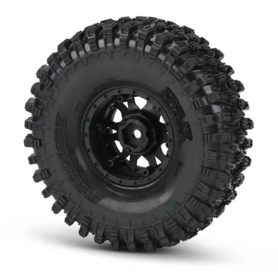 Hyrax 1.9 Predator (Super Soft) Rock Terrain Tires Mounted on Impulse Black/Silver Plastic Internal Bead-Loc 12mm Wheels (2) for Rock Crawler Front or Rear