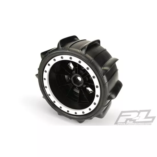 Sling Shot 4.3 Pro-Loc Sand Tires (2) Mounted on Impulse Pro-Loc Black Wheels with Stone Gray Rings for X-MAXX Front or Rear