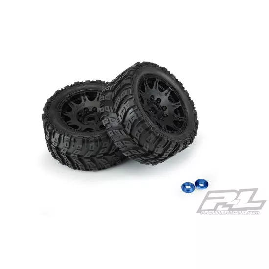 Masher X HP All Terrain BELTED Tires Mounted on Raid 5.7 Black Wheels (2) for X-MAXX, KRATON 8S & Other Large Scale 24mm Hex Vehicles Front or Rear