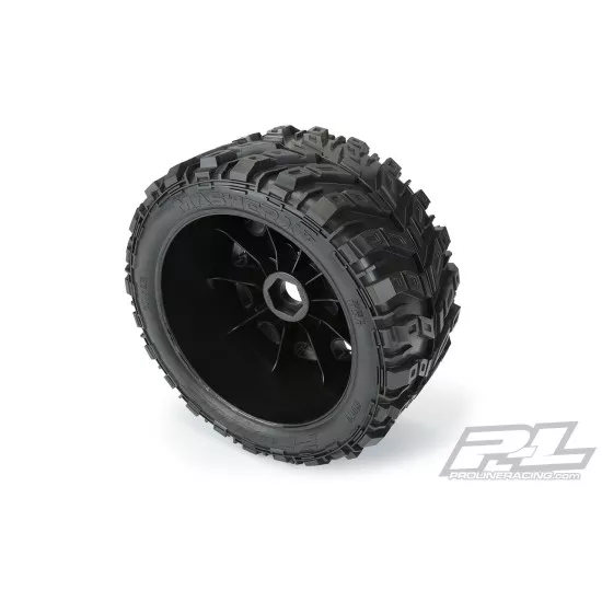 Masher X HP All Terrain BELTED Tires Mounted on Raid 5.7 Black Wheels (2) for X-MAXX, KRATON 8S & Other Large Scale 24mm Hex Vehicles Front or Rear