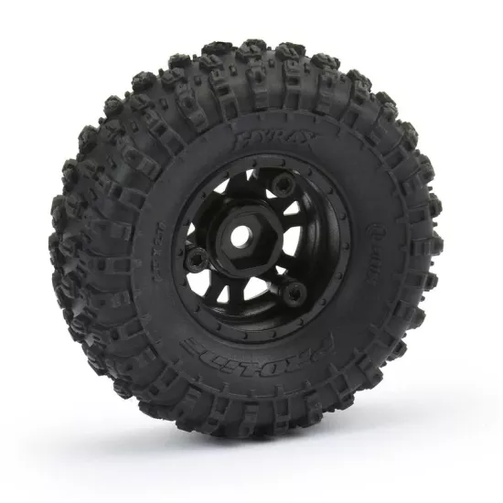 Hyrax 1.0 Tires Mounted on Mini Impulse Black Internal Bead-Loc 7mm Hex Wheels (4) for SCX24 Front or Rear (PRO1019410)