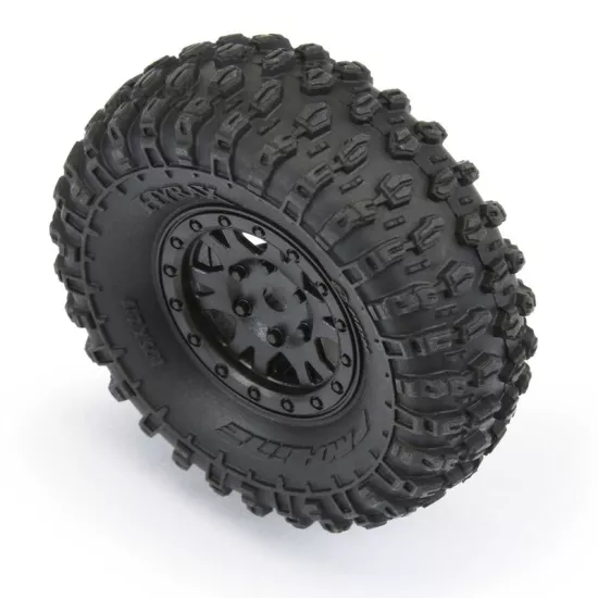 Hyrax 1.0 Tires Mounted on Mini Impulse Black Internal Bead-Loc 7mm Hex Wheels (4) for SCX24 Front or Rear (PRO1019410)