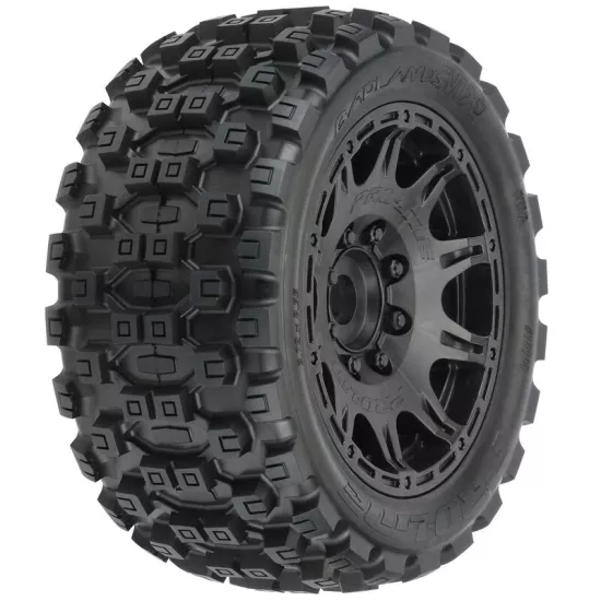 Badlands MX57 All Terrain Tires Mounted on Raid 5.7 Black Wheels (2) for X-MAXX, KRATON 8S