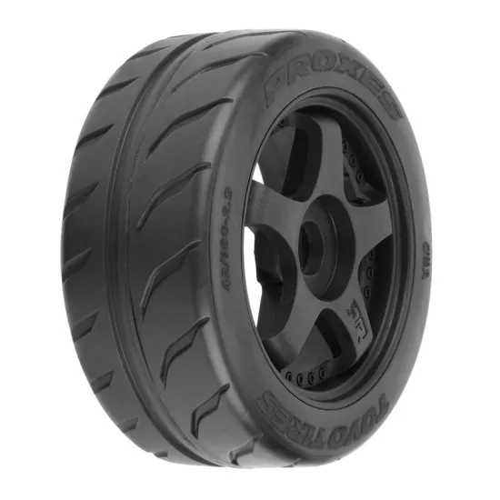 Toyo Proxes R888R 42/100 2.9" S3 (Soft) Street BELTED Tires Mounted on Black 5-Spoke 17mm Wheels (2) for Felony Front or Infraction & Limitless Front or Rear